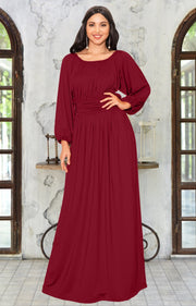 FRANNY - Long Sleeve Peasant Casual Flowy Fall Modest Maxi Dress Gown - Crimson Dark Red / 2X Large