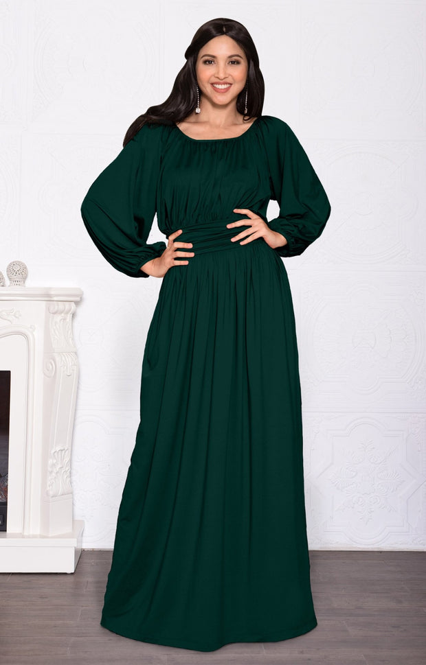 FRANNY - Long Sleeve Peasant Casual Flowy Fall Modest Maxi Dress Gown - Emerald Green / Small