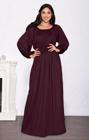 FRANNY - Long Sleeve Peasant Casual Flowy Fall Modest Maxi Dress Gown - Maroon Wine Red / Small