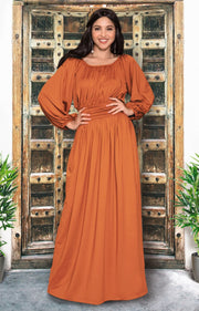 FRANNY - Long Sleeve Peasant Casual Flowy Fall Modest Maxi Dress Gown - Orange / 2X Large