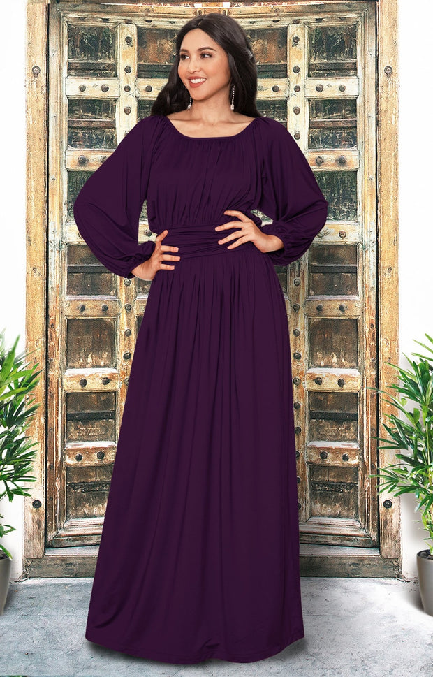 FRANNY - Long Sleeve Peasant Casual Flowy Fall Modest Maxi Dress Gown - Purple / 2X Large