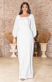 FRANNY - Long Sleeve Peasant Casual Flowy Fall Modest Maxi Dress Gown - White / 2X Large