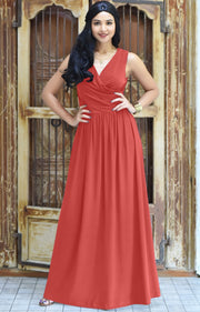 HAILEY - Sleeveless Bridesmaid Wedding Party Summer Maxi Dress Gown - Bright Coral Red / 2X Large