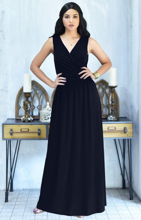 HAILEY - Sleeveless Bridesmaid Wedding Party Summer Maxi Dress Gown - Dark Navy Blue / 2X Large
