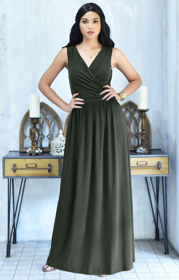 HAILEY - Sleeveless Bridesmaid Wedding Party Summer Maxi Dress Gown - Olive Green / 2X Large