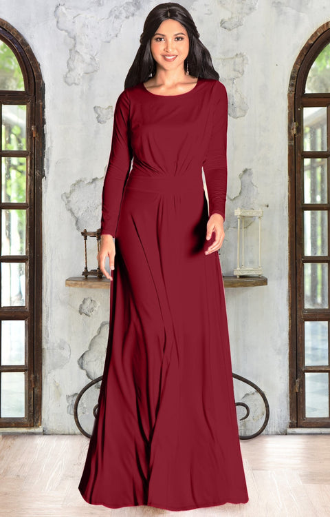 HAYDEN - Long Sleeve Maxi Dress Floor Length Gown Bridesmaid Fall - Crimson Dark Red / 2X Large