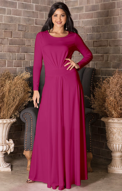 HAYDEN - Womens Long Sleeve Full Figure Classy Evening Maxi Dress Gown - Fuchsia Magenta Pink / Extra Small