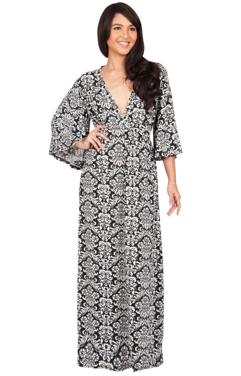 HAZEL - V-Neck Kimono Sleeve Cocktail Long Maxi Dress - Black & White / Medium