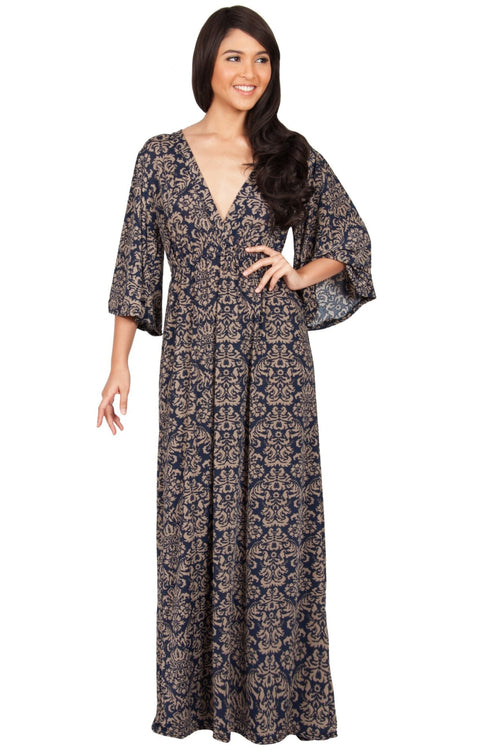 HAZEL - V-Neck Kimono Sleeve Cocktail Long Maxi Dress - Navy Blue & Brown / Medium
