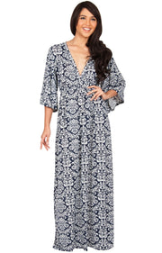 HAZEL - V-Neck Kimono Sleeve Cocktail Long Maxi Dress - Navy Blue & White / Medium