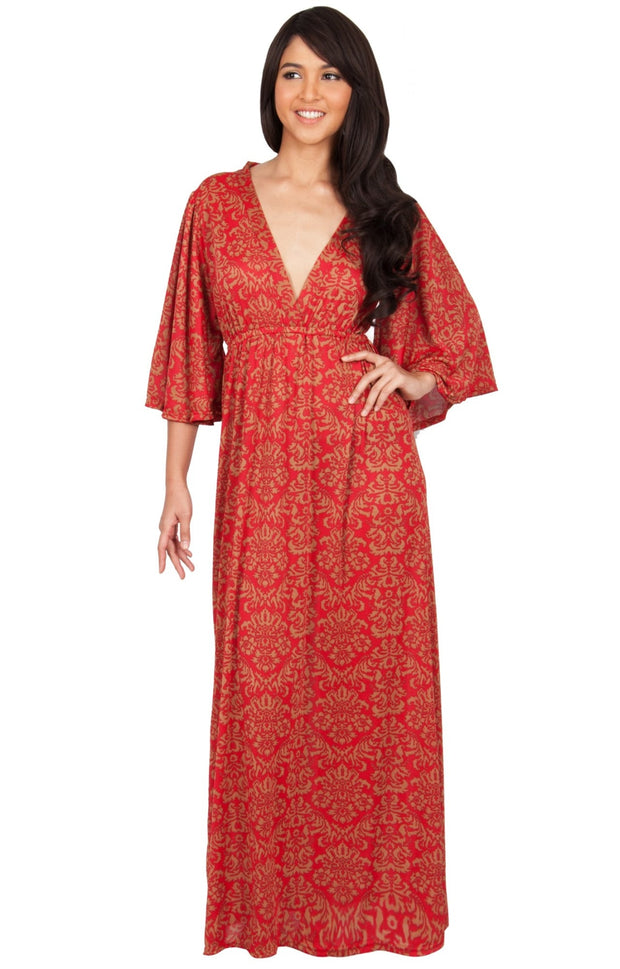 HAZEL - V-Neck Kimono Sleeve Cocktail Long Maxi Dress - Red & Beige / Medium