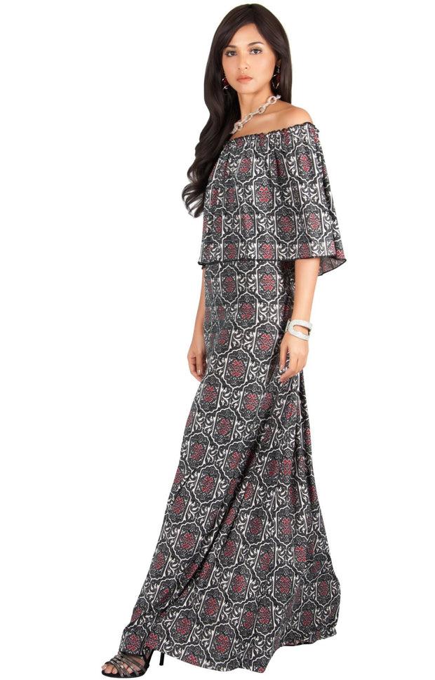 HEIDI - Off Shoulder Bohemian Flowy Printed Maxi Dress