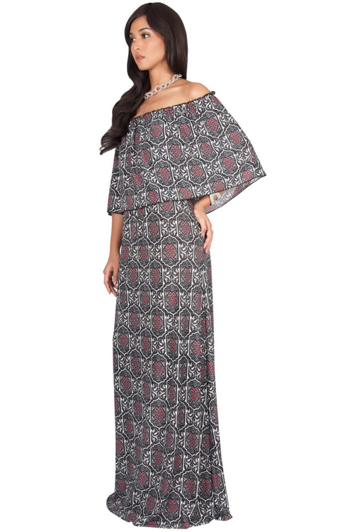 HEIDI - Off Shoulder Bohemian Flowy Printed Maxi Dress