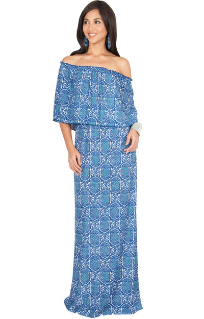 HEIDI - Off Shoulder Bohemian Flowy Printed Maxi Dress - Cobalt Royal Blue / Small