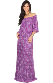 HEIDI - Off Shoulder Bohemian Flowy Printed Maxi Dress - Purple / Medium