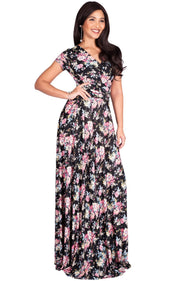 ISABELLA - Long Cap Sleeve Floral Print Flowy Maxi Dress Summer Gown