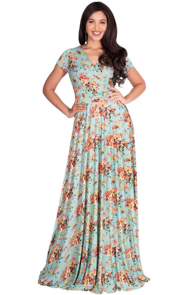 ISABELLA - Long Cap Sleeve Floral Print Flowy Maxi Dress Summer Gown