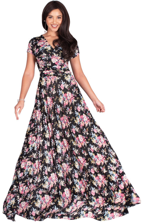 ISABELLA - Long Cap Sleeve Floral Print Flowy Maxi Dress Summer Gown - Black & Pink / Extra Small