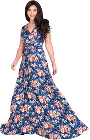 ISABELLA - Long Cap Sleeve Floral Print Flowy Maxi Dress Summer Gown - Blue & Yellow / Extra Small