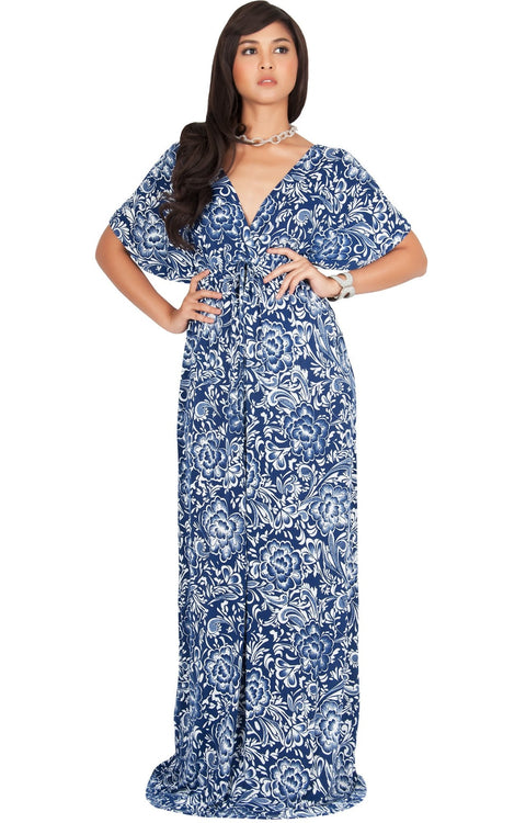 ISLA - Kimono V-Neck Summer Floral Casual Maxi Dress - Navy Blue & White / 2X Large