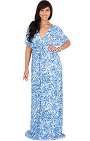 ISLA - Kimono V-Neck Summer Floral Casual Maxi Dress - Royal Blue & White / 2X Large