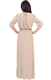 IVY - Long 3/4 Sleeve Pleated Dressy Modest Peasant Maxi Dress Gown