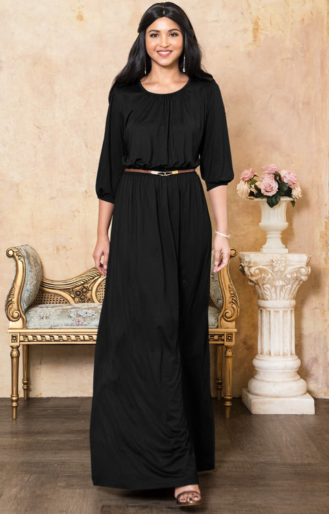 IVY - Long 3/4 Sleeve Pleated Dressy Modest Peasant Maxi Dress Gown - Black / 2X Large