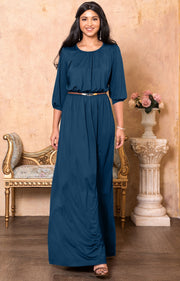 IVY - Long 3/4 Sleeve Pleated Dressy Modest Peasant Maxi Dress Gown - Blue Teal / 2X Large