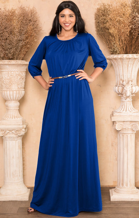 IVY - Long 3/4 Sleeve Pleated Dressy Modest Peasant Maxi Dress Gown - Cobalt Royal Blue / Small