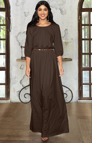 IVY - Long 3/4 Sleeve Pleated Dressy Modest Peasant Maxi Dress Gown - Dark Brown / 2X Large