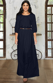 IVY - Long 3/4 Sleeve Pleated Dressy Modest Peasant Maxi Dress Gown - Dark Navy Blue / 2X Large