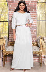 IVY - Long 3/4 Sleeve Pleated Dressy Modest Peasant Maxi Dress Gown - Ivory White / 2X Large
