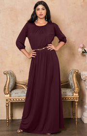 IVY - Long 3/4 Sleeve Pleated Dressy Modest Peasant Maxi Dress Gown - Maroon Wine Red / 2X Large