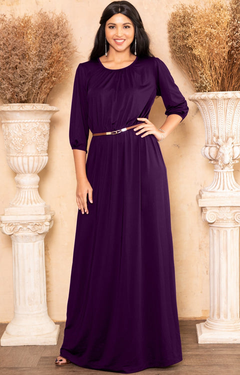 IVY - Long 3/4 Sleeve Pleated Dressy Modest Peasant Maxi Dress Gown - Purple / 2X Large