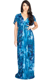 JANE - Printed Flowy Summer Casual V-Neck Maxi Dress - Blue Gray / 2X Large