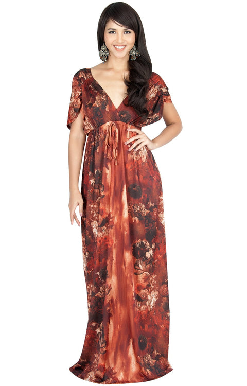 JANE - Printed Flowy Summer Casual V-Neck Maxi Dress - Brown Latte / Small