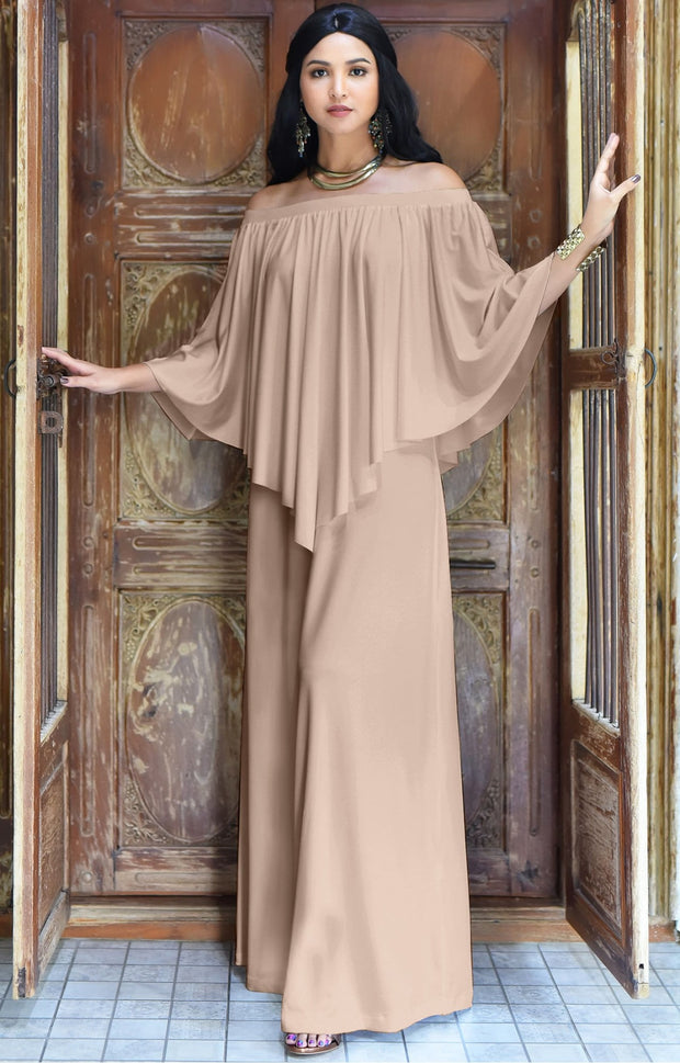 JENN - Maxi Dress Long Sexy Strapless Flowy Cocktail Evening Gown - Nude Champagne Brown / Small