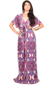 JEZEBEL - Summer Sun Sexy Kaftan Evening Caftan Print Gown Maxi Dress - Purple & White / Large