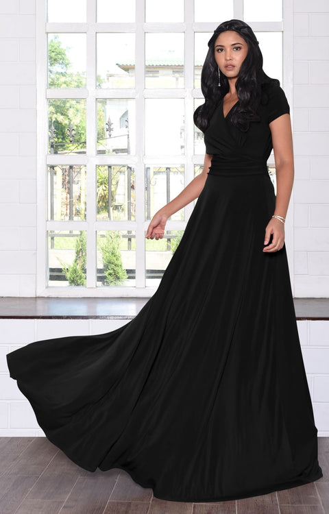 JULIANA - Long Full Floor Short Cap Sleeves Cocktail Maxi Dress Gown - Black / Extra Small