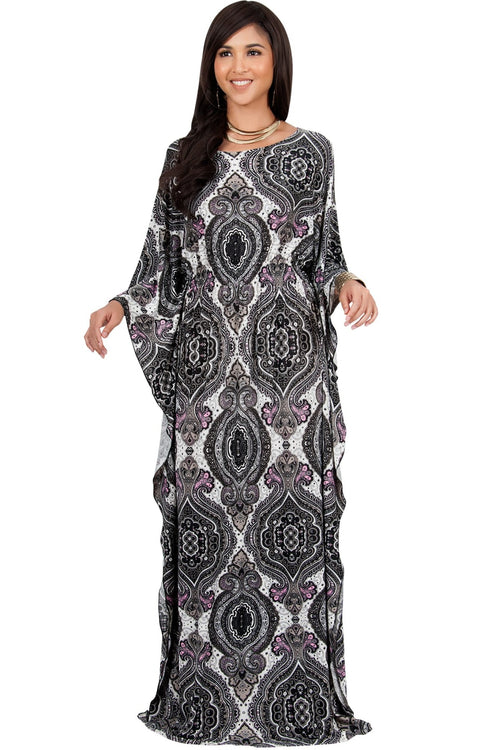 KADEN - Boho Maternity Kaftan Long Abaya Moroccan Maxi Dress - Black Ivory & Pink / Large