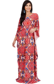 KADEN - Boho Maternity Kaftan Long Abaya Moroccan Maxi Dress - Red Blue & Ivory / Large