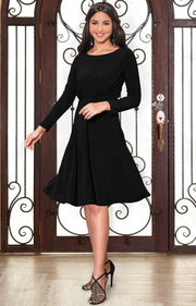 KIARA - Long Sleeve Swing Knee Length Fall Modest Dressy Midi Dress - Black / 2X Large