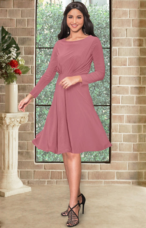 KIARA - Long Sleeve Swing Knee Length Fall Modest Dressy Midi Dress - Cinnamon Rose Pink / 2X Large