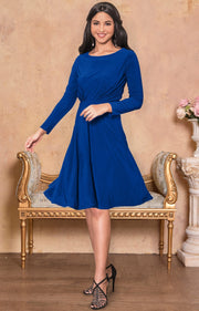 KIARA - Long Sleeve Swing Knee Length Fall Modest Dressy Midi Dress - Cobalt Royal Blue / Extra Small