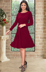 KIARA - Long Sleeve Swing Knee Length Fall Modest Dressy Midi Dress - Crimson Dark Red / 2X Large