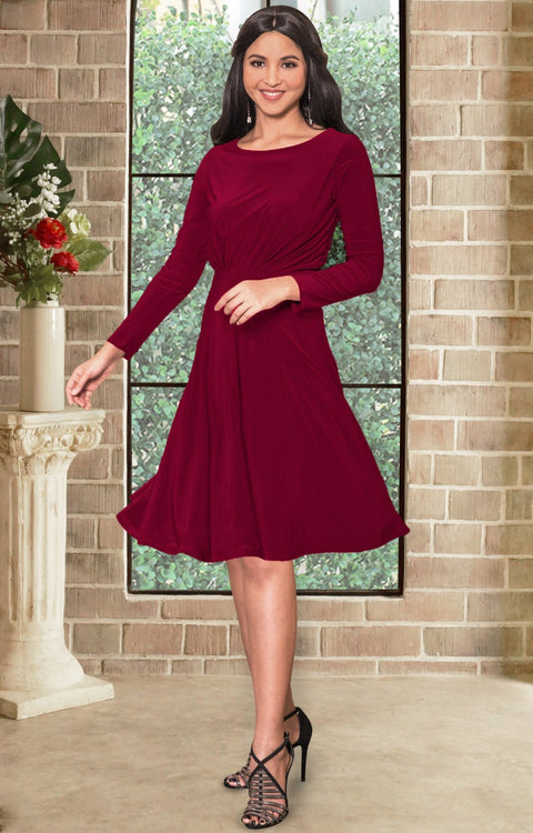 KIARA - Long Sleeve Swing Knee Length Fall Modest Dressy Midi Dress - Crimson Dark Red / 2X Large