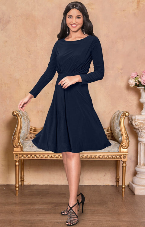 KIARA - Long Sleeve Swing Knee Length Fall Modest Dressy Midi Dress - Dark Navy Blue / 2X Large