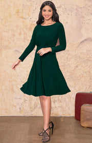 KIARA - Long Sleeve Swing Knee Length Fall Modest Dressy Midi Dress - Emerald Green / 2X Large