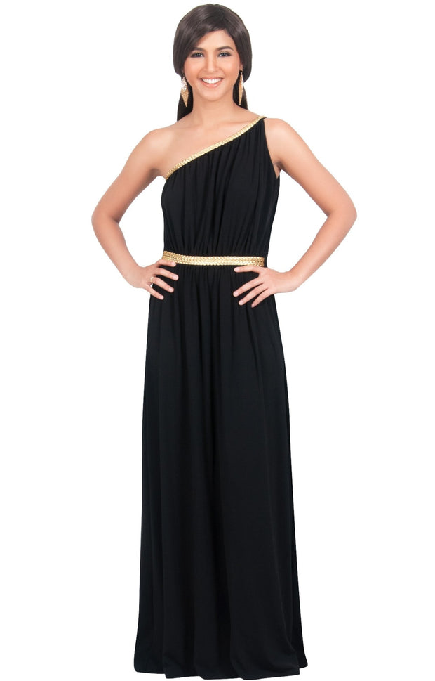 KYLIE - Cleopatra Maxi Dress Evening Bridesmaid for Summer Gown w/ Gold Braid - Black / 2X Large