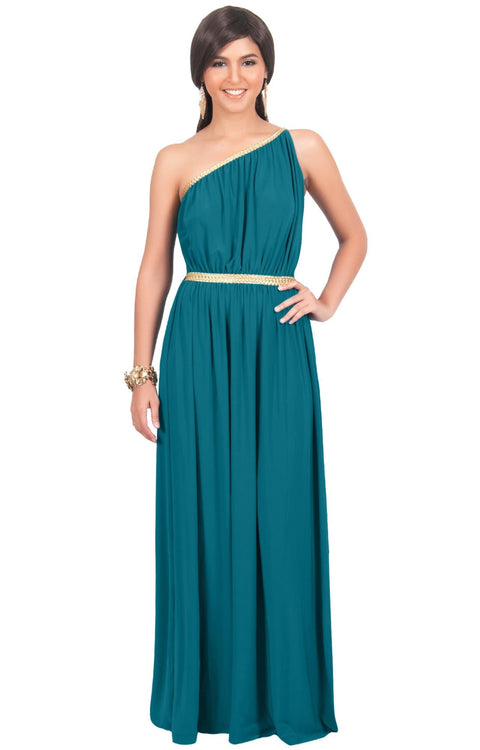 KYLIE - Cleopatra Maxi Dress Evening Bridesmaid for Summer Gown w/ Gold Braid - Blue Green Jade / Small